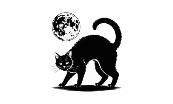 Black Cat Silhouette and Full Moon