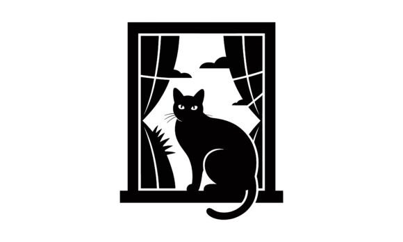 Black Cat Sitting in Window Vector