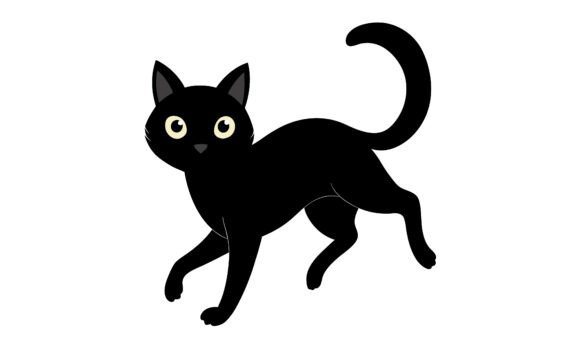 Cartoon Black Cat Walking with Tail Up