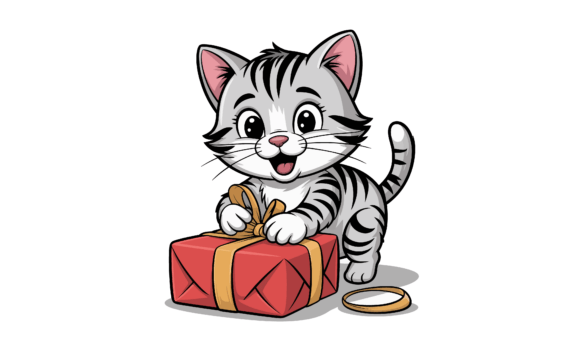 Cartoon Kitten Opening a Christmas Gift