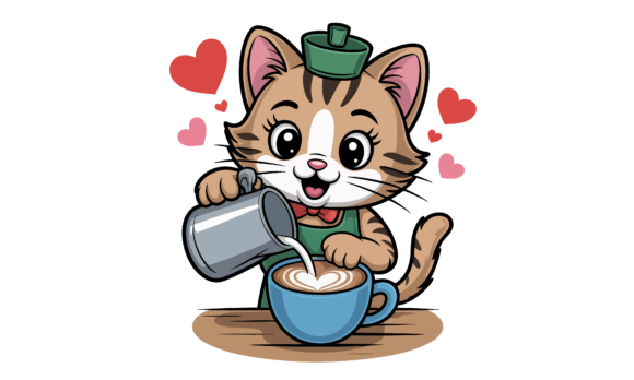 Cat Barista Pouring Coffee Heart Latte