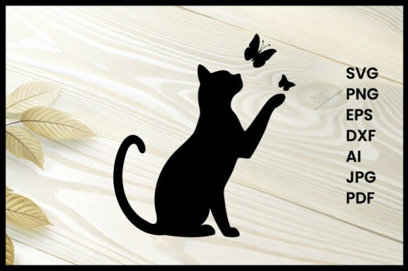 Cat Catching Butterfly Silhouette Vector