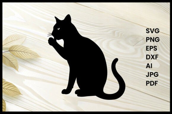 Cat Licking Paw Silhouette Vector
