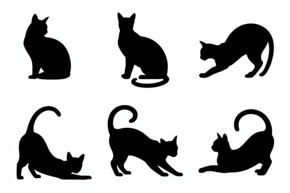 Cat Poses Black Silhouettes Vector