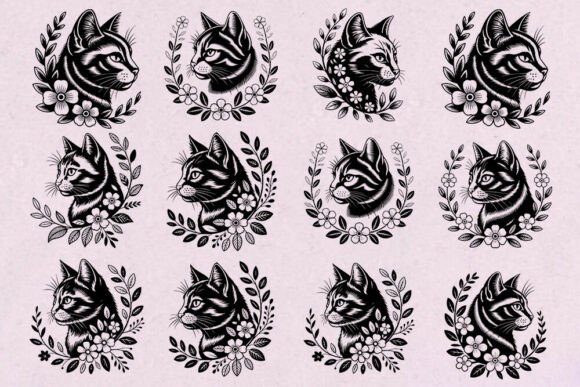 Floral Cat Portrait Clipart Bundle