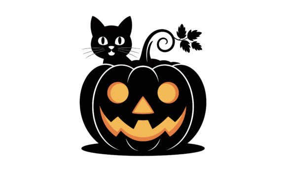 Halloween Cat Emerging from a Pumpkin