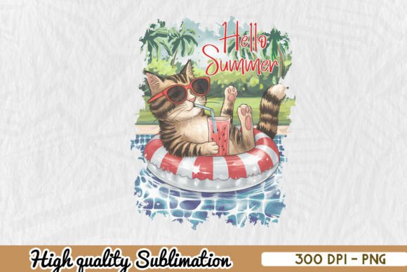 Hello Summer Cute Cat Tropical PNG
